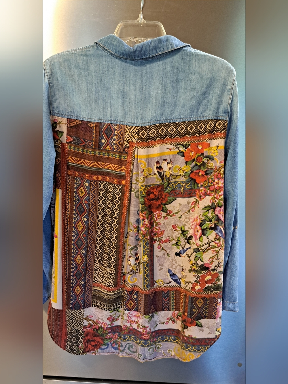Gorgeous John Mark Multi Fabric Top Blouse Boho Birds Aztec Roll Tab LRG - Picture 3 of 12